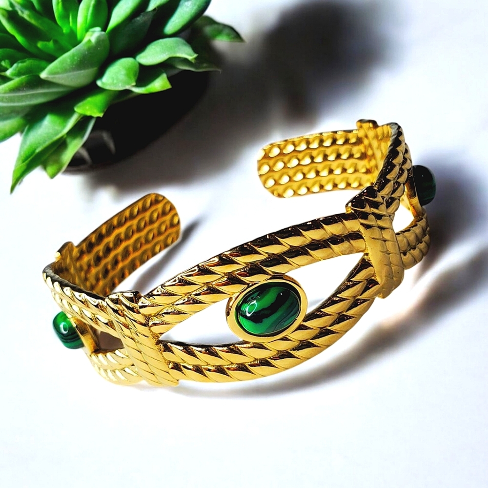 Egyptian Revival Gold Malachite Cabochon Bangle Cuff Bracelet